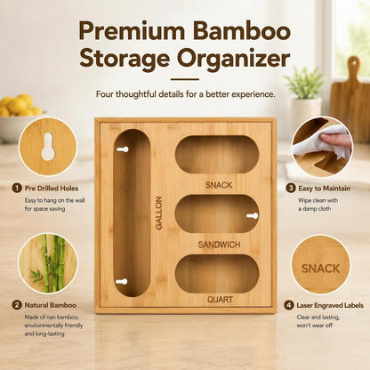 6-in-1 Bamboo Kitchen Drawer Organizer for Storage Bag, Foil & Plastic Wrap | Saran Wrap Dispenser with Cutter, Plastic & Grocery Bag Holder, Bamboo Drawer Organizer, Gallon/Quart Storage Bags