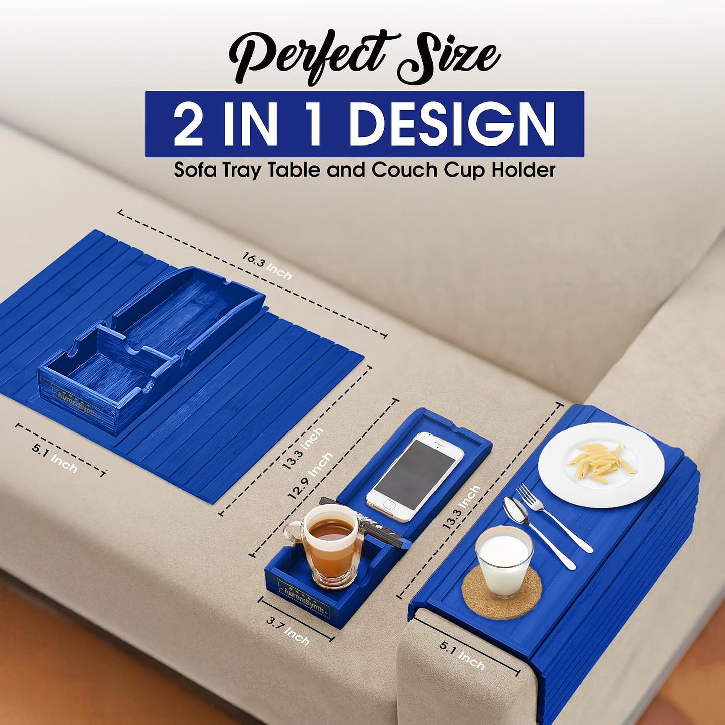 Bamboo Couch Cup Holder, 2 Cork Coasters, Anti-Slip Foldable Couch Arm Tray | 2 in 1 Foldable Sofa Arm Tray, Couch Armrest Table, Anti-Spill Couch Arm Table for Drinks TV Remote Cellphone Snacks