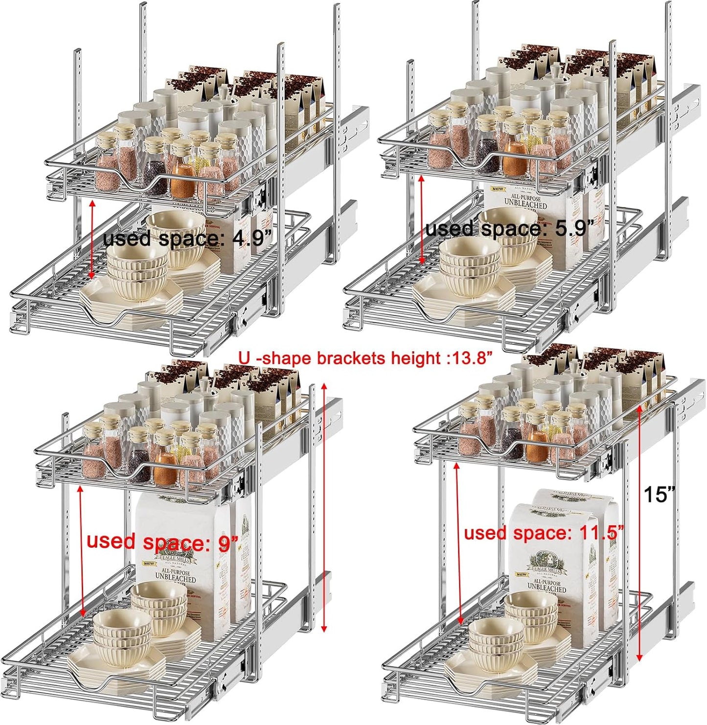 DINDON 2 Tier Pull Out Cabinet Organizer (20" W X 21" D), Double Tier Wire Basket Slide Out Shelf Storage for Kitchen Base Cabinet Organization for Kitchen, Pantry, Bathroom, Chrome