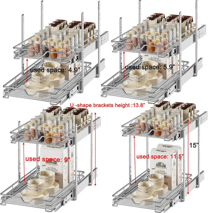 DINDON 2 Tier Pull Out Cabinet Organizer (20" W X 21" D), Double Tier Wire Basket Slide Out Shelf Storage for Kitchen Base Cabinet Organization for Kitchen, Pantry, Bathroom, Chrome