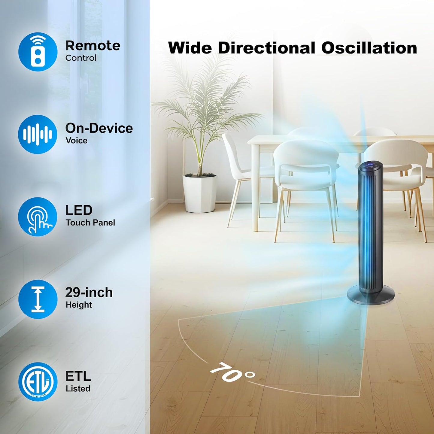 Emerson SmartVoice 40” Tower Fan, Wi-Fi-free Voice Control Fan, Hands-Free Cooling, No WiFi, No App, 70° Oscillation, 3 Speeds, 15-Hr Timer, Sleep Mode & Remote Control