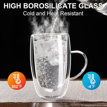 Baalaka Tea Infuser Mug, 16 fl oz Double-Wall Glass for Loose Leaf Tea | Fine 18/8 stainless steel filter and lid brew loose leaf, herbal or blooming teas; double-wall glass reduces heat transfer