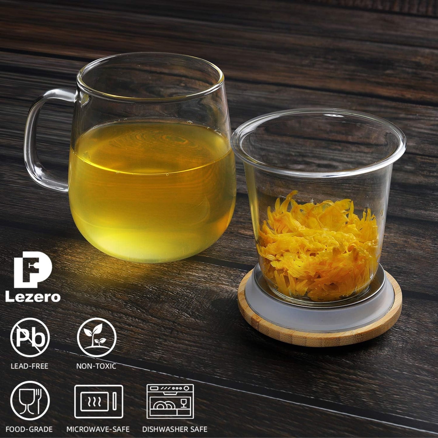 15oz Clear Glass Tea Cup with Infuser and Lid for Blooming & Loose Leaf Tea | with Handle, Borosilicate, Heat Resistance, Lead-free, Microwave & Dishwasher Safe, Gifts Box Include, A
