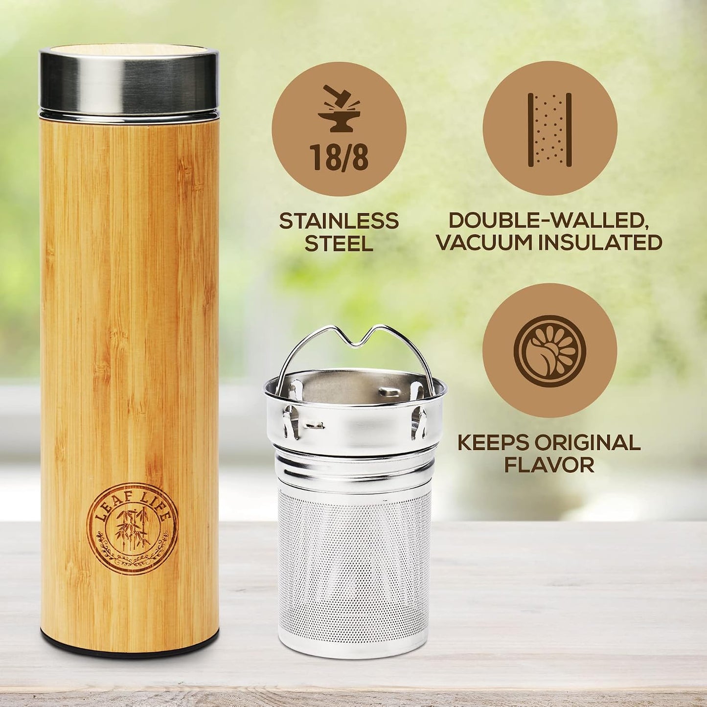 Leaflife Premium Bamboo Tea Infuser Bottle for Loose Tea - Tea Gifts