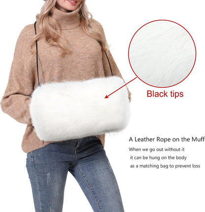 LA CARRIE Faux Fur Hand Muffs Women Winter Warmer Fuzzy Pouch Furry Plush Muffler Wedding Girl Kids Elegant Luxury Chic