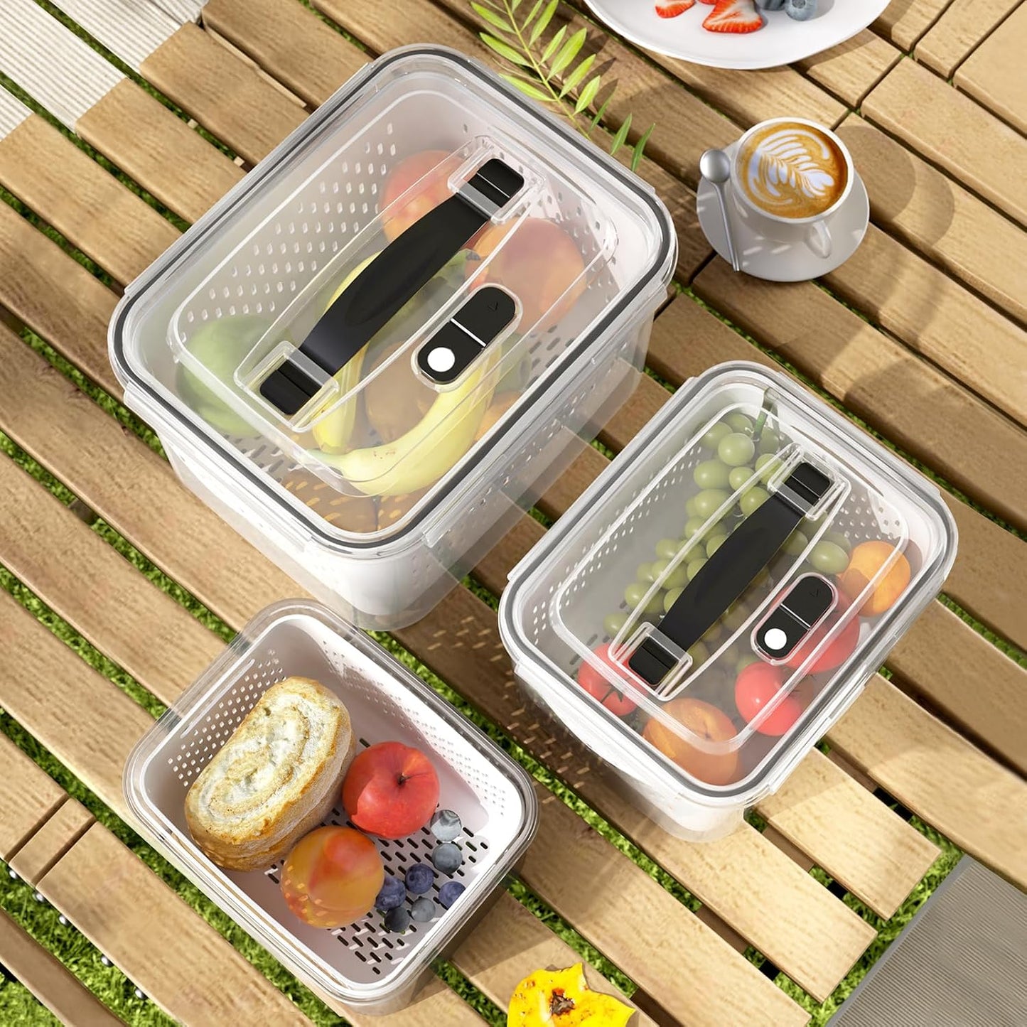 3Pack Fridge Food Storage Container Set with Lids with Strainer, Fruit Vegetable Storage Containers Keep Fruits, Vegetables, Berry, Meat Fresh longer, BPA-Free Plastic Produce Keepers
