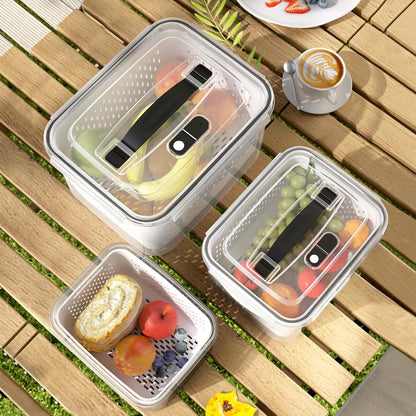 3Pack Fridge Food Storage Container Set with Lids with Strainer, Fruit Vegetable Storage Containers Keep Fruits, Vegetables, Berry, Meat Fresh longer, BPA-Free Plastic Produce Keepers