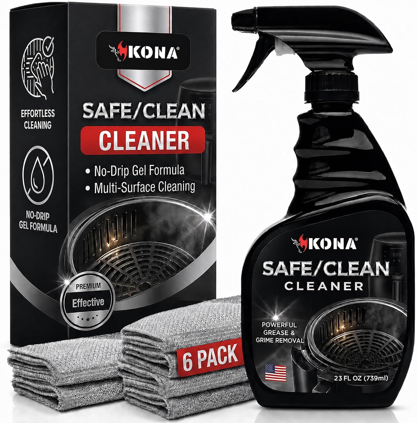 Kona Safe/Clean Air Fryer Cleaner and Degreaser Kit for Ninja Woodfire Grill, Smoker and Oven - 23oz Fume-Free No-Drip Gel Spray with 6 Stainless Steel Scrub Cloths