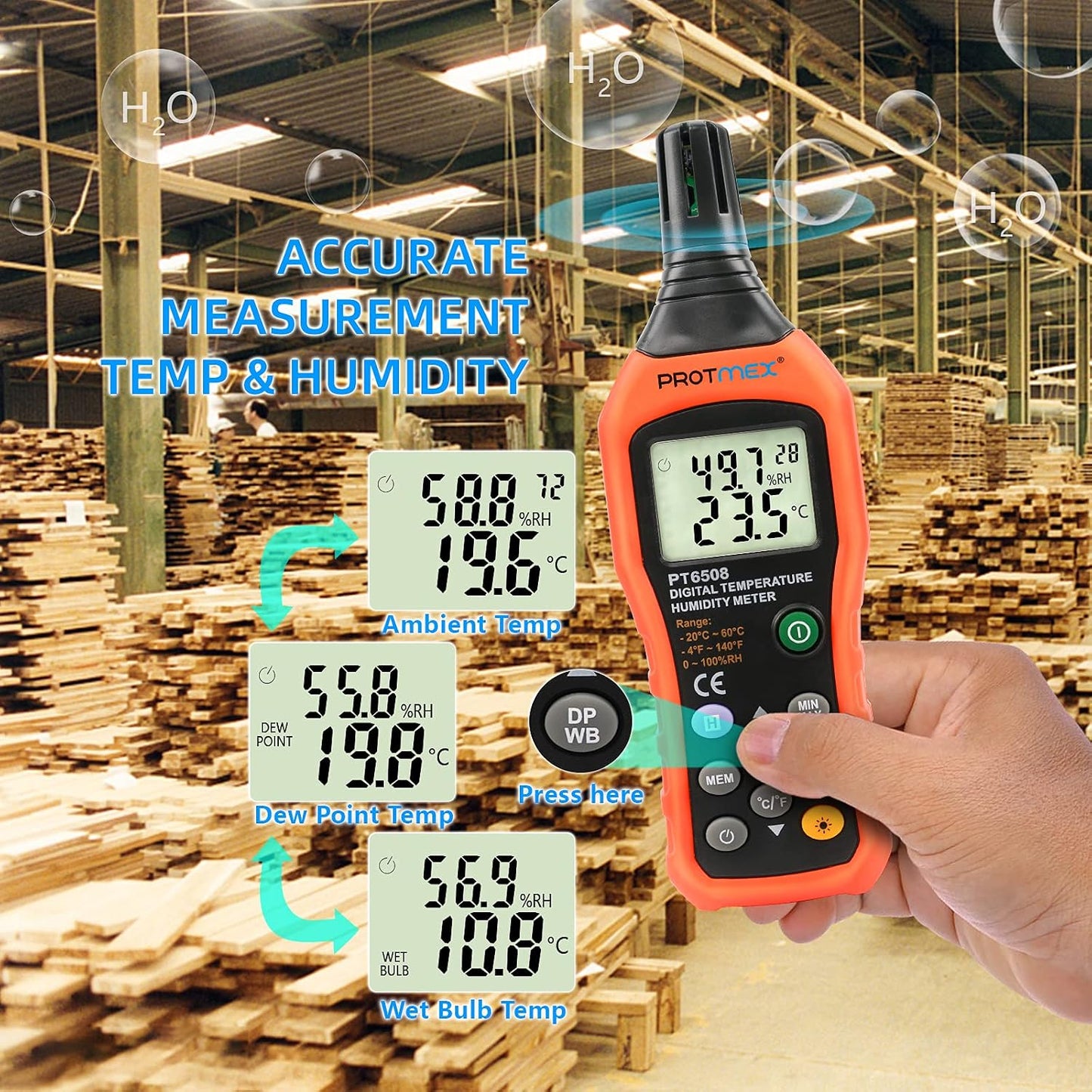 PT6508 Temperature Humidity Meter - Wet Bulb for Indoor/Outdoor | Digital Thermometer Hygrometer Monitor with Ambient, Dew Point, MIN, MAX, Data Hold, LCD Backlight
