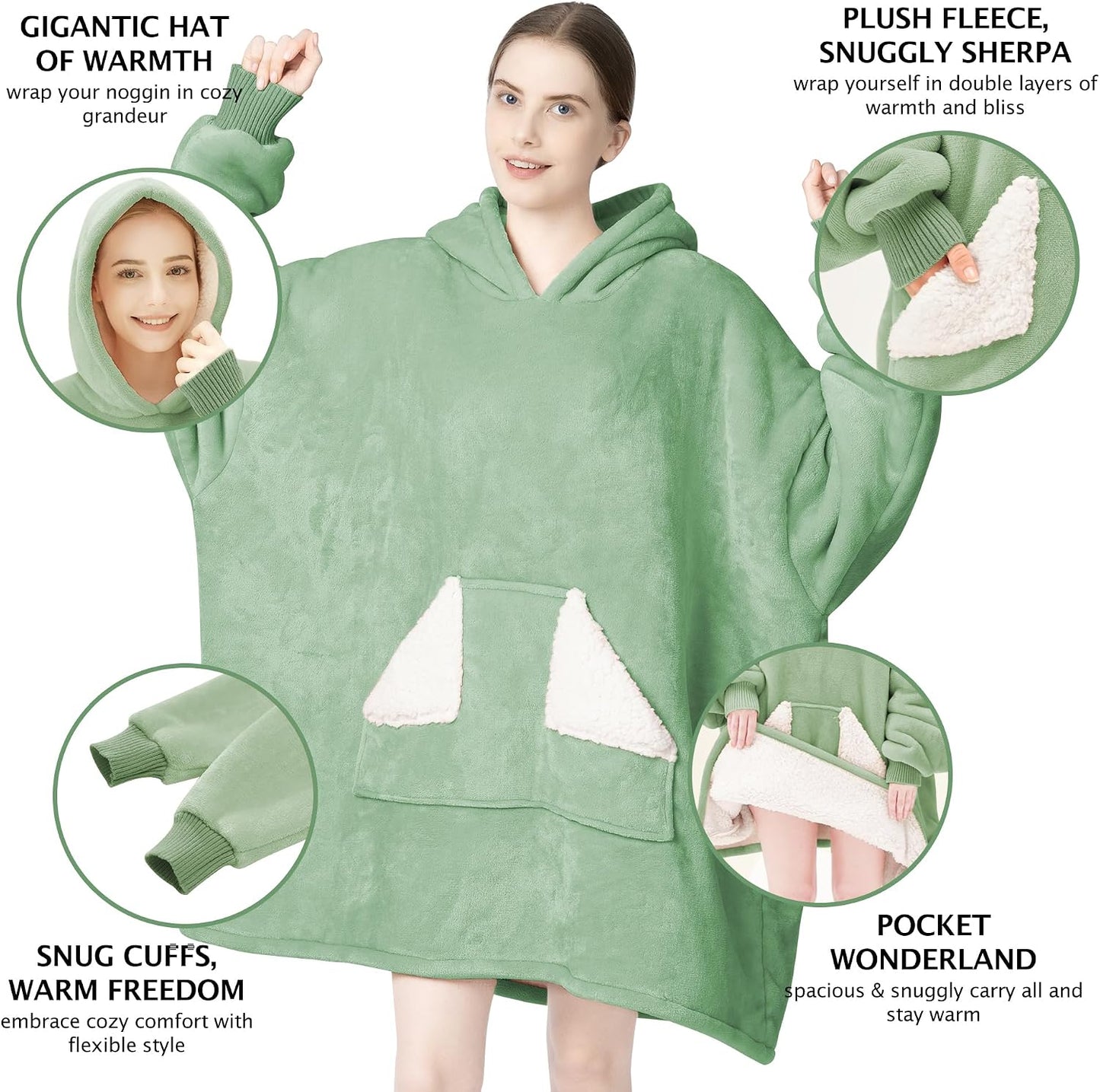 Wearable Blanket Hoodie, Oversized Sherpa Fleece Sweatshirt Blanket with Giant Hood Pocket and Sleeves for Adult, Warm & Cozy Grey Blanket Gifts for Women