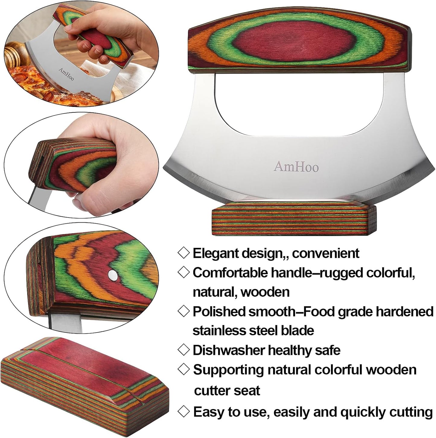 Pizza Cutter Chef Mezzaluna Ulu Knife Handle Color Wood Grip Sharp Rocker Slicer Stainless Steel Blade Salad Onion Vegetable Chopper with Holder Base Christmas Gifts