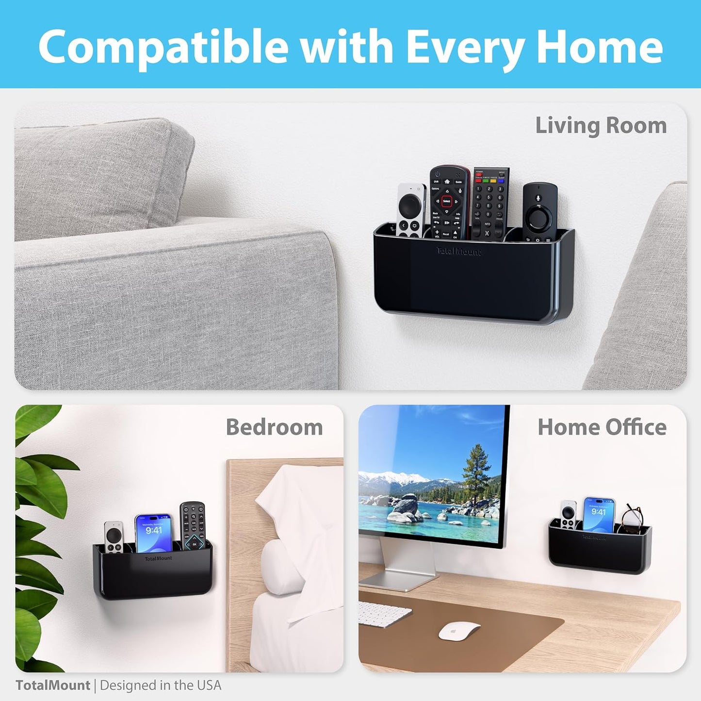TotalMount Drop-Free Remote Holder – Removable Adhesive Strips – XL Black | Designed in the USA – Simply Put the Remotes In – No Tricky Magnet Alignment Needed (Holds 3 or 4 Remote Controls)