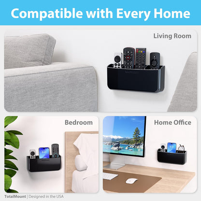 TotalMount Drop-Free Remote Holder – Removable Adhesive Strips – XL Black | Designed in the USA – Simply Put the Remotes In – No Tricky Magnet Alignment Needed (Holds 3 or 4 Remote Controls)