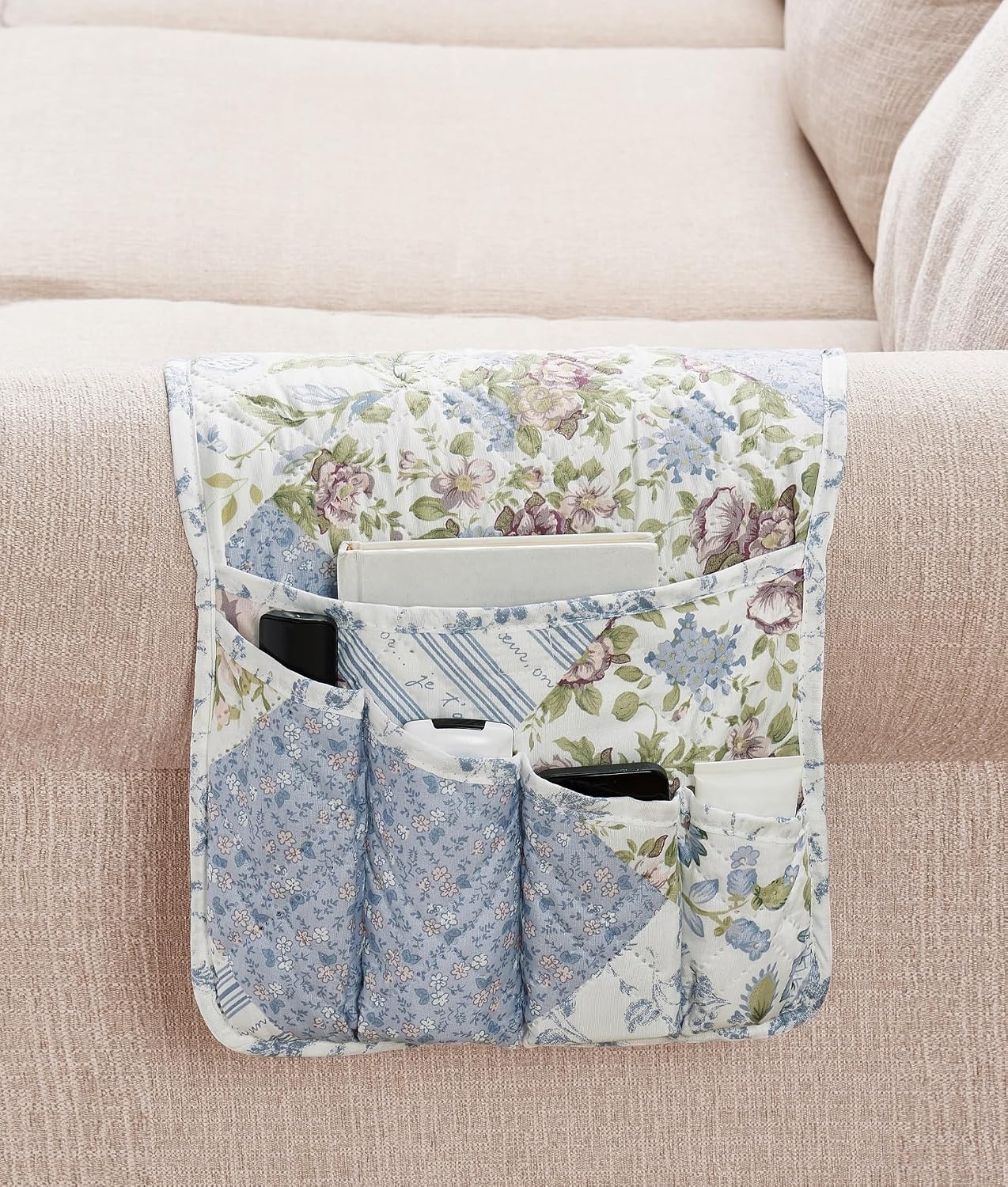 Brilliant Sunshine Burgundy Toile Floral Couch Armrest Cover, 35"×13" | Washable Magazine Holder, Armrest Organizer & Caddy on Sofa, Recliner, Armchair, Storage for Remote Controls, Phone, iPad
