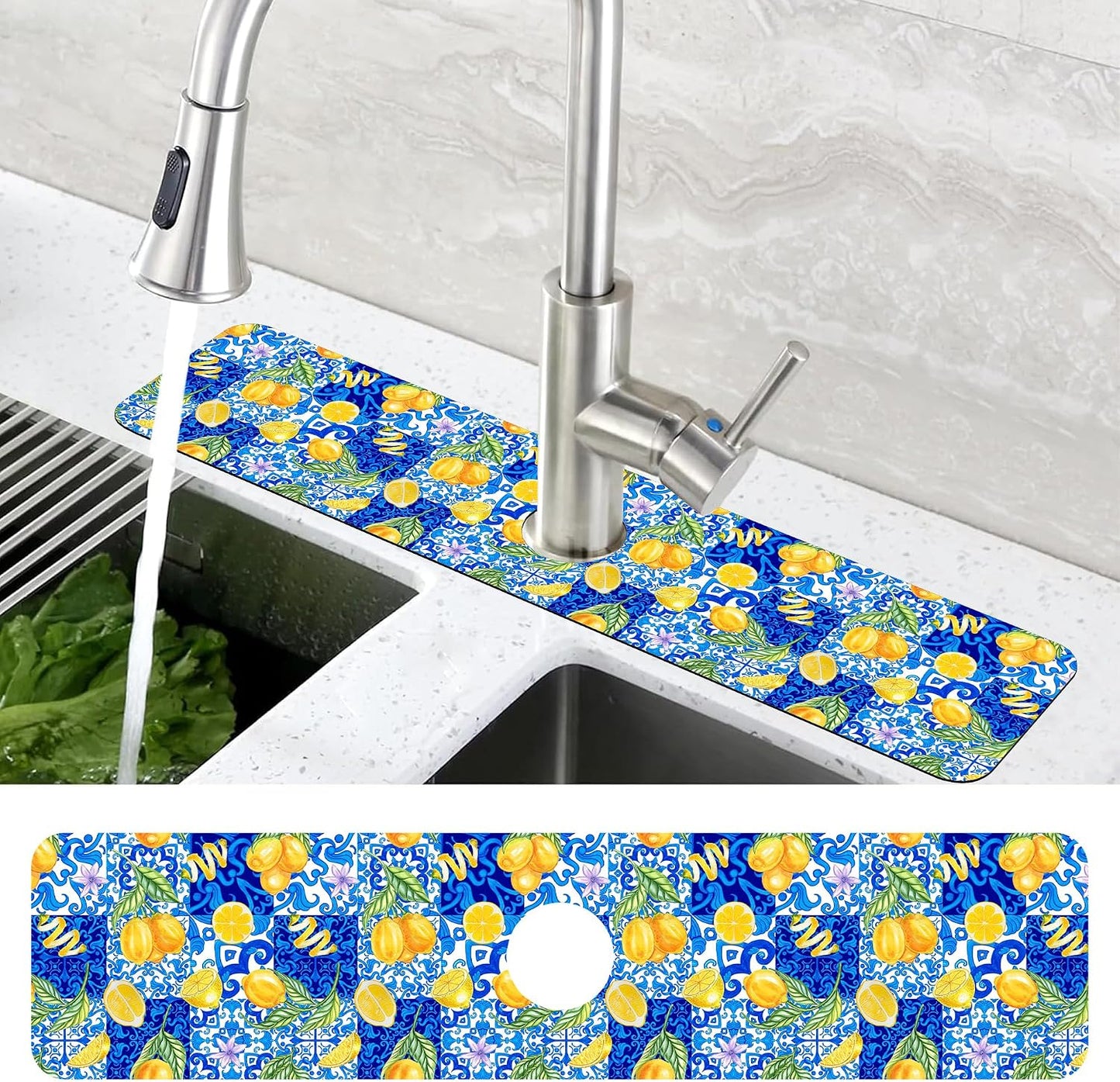 Abstract Teal and Black Geometric Dish Drying Mat for Kitchen Sink Splash Guard Behind Faucet Sink Mat Absorbent Fast Drying Faucet Draining Mat for Bathroom Kitchen 5.5"×15"