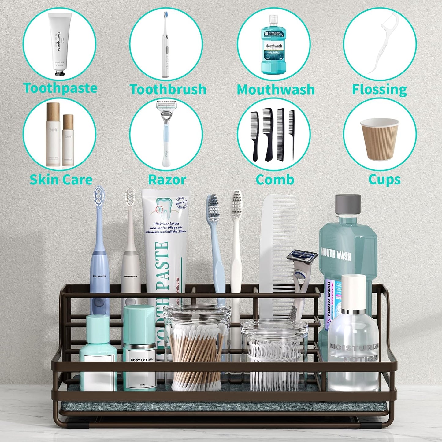 HapiRm Toothbrush Holders for Bathroom - 5 Partitions Bathroom Counter Organizer with Instant Drying Stone, Stainless Steel Countertop Storage Electric Toothbrush Toothpaste Holder - Black