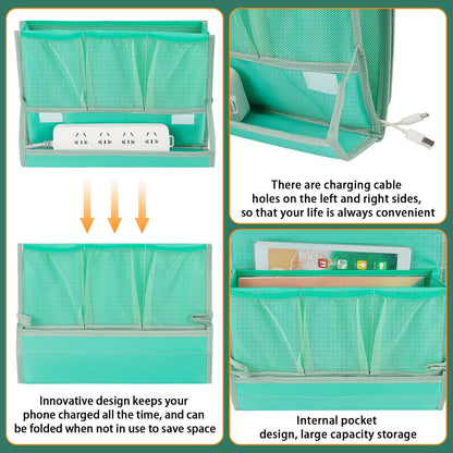 Bedside Caddy Organizer for Dorm Bed Rails with 7 Pockets, Gray | Bed Pockets Bedside Storage with Power Strip Holder & 2 Adjustable Straps for Home, College, Dorm, Hospital Bedside Organizer