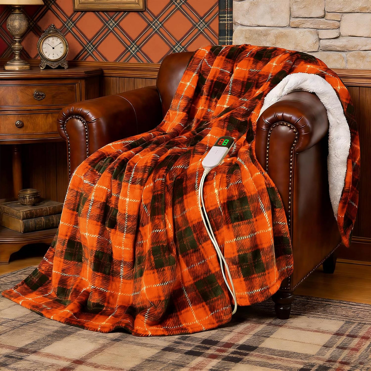 Heated Electric Blanket, Red Christmas Sherpa Plaid Throw Blanket