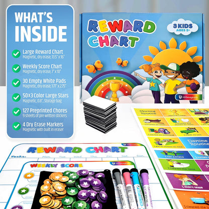 Large Magnetic Reward Chart for Kids - 127 Pre-Written Stickers (Including Potty Training) + 30 Customizable Chores - Behavior, Responsibility & Incentive Routine Star Chart for Fridge (1 Kid Version)