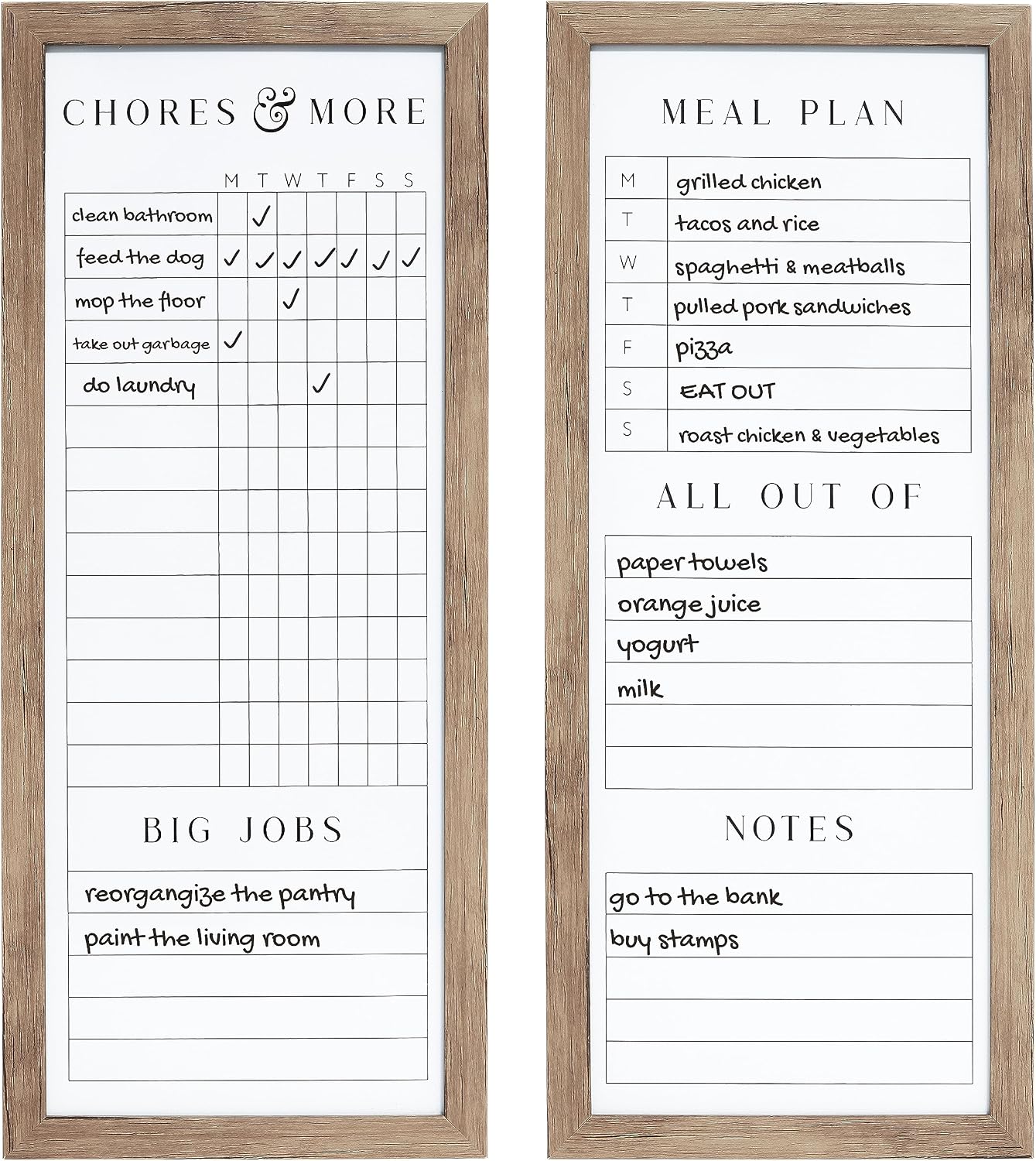 Sheffield Home Set of Two Family Planner Dry Erase Boards Featuring, Chore Chart, Shopping List, Weekly Meal Planner and Notes, 9x21 Inch, Natural