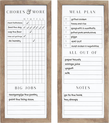 Sheffield Home Set of Two Family Planner Dry Erase Boards Featuring, Chore Chart, Shopping List, Weekly Meal Planner and Notes, 9x21 Inch, Natural
