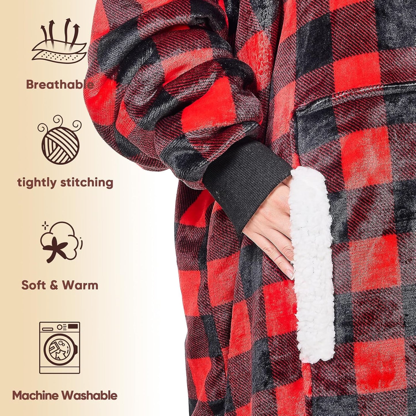 yescool Wearable Blanket Hoodie, Flannel Sherpa Fleece Blanket Sweatshirt for Adults Women Men,One Size Fits All - Colors A