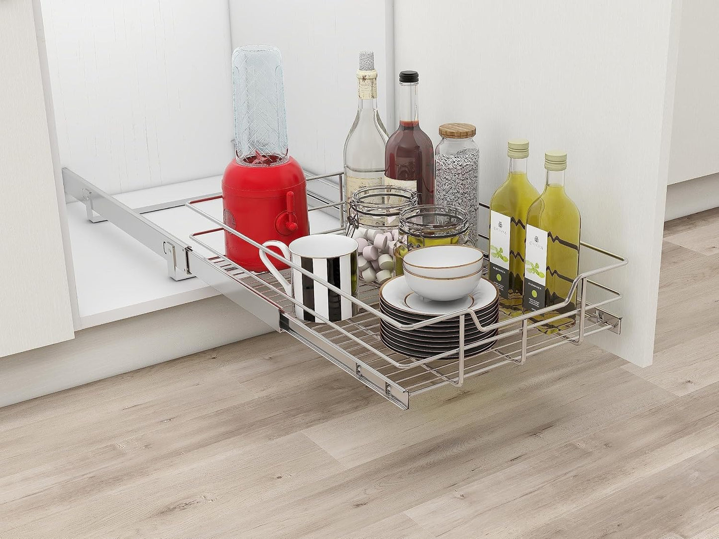 Pull Out Cabinet Organizer 15" W X 22" D, Chromed, Full Slide Out Drawers | For Kitchen Organizers and Storage, Pull Out Drawers For Cabinets Capacity Heavy Duty Caddy, Cabinet Shelves, Bathroom Pantry