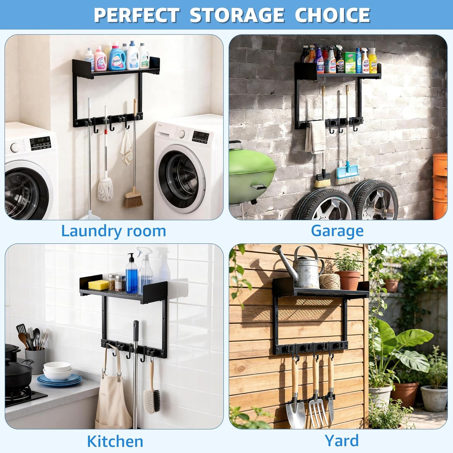 27" Mop and Broom Holder Wall Mount with Top Storage Shelf & Hooks,Black | Mop Hanger Wall Mount, 5 Grippers, 5 Hooks, Wall Organizer For Laundry Room, Garage And Kitchen