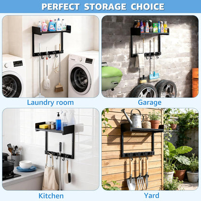 27" Mop and Broom Holder Wall Mount with Top Storage Shelf & Hooks,Black | Mop Hanger Wall Mount, 5 Grippers, 5 Hooks, Wall Organizer For Laundry Room, Garage And Kitchen