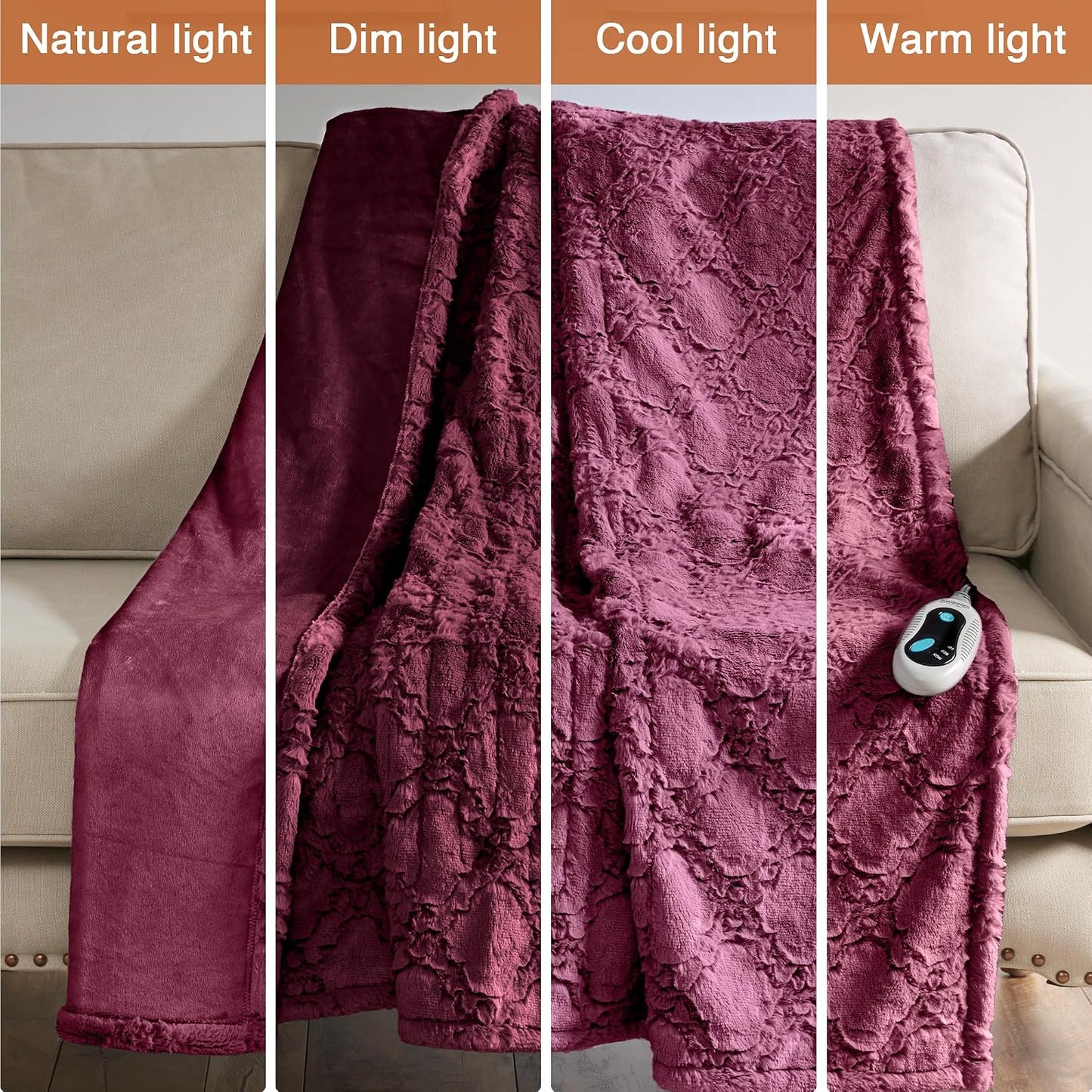 Beautyrest Long Brushed Faux Fur Ogee Textured Design Electric Blanket, Auto Shut Off, Virtually Zero EMF, Multi Heat Setting, UL Certified, Machine Washable, Grey Throw 50x60