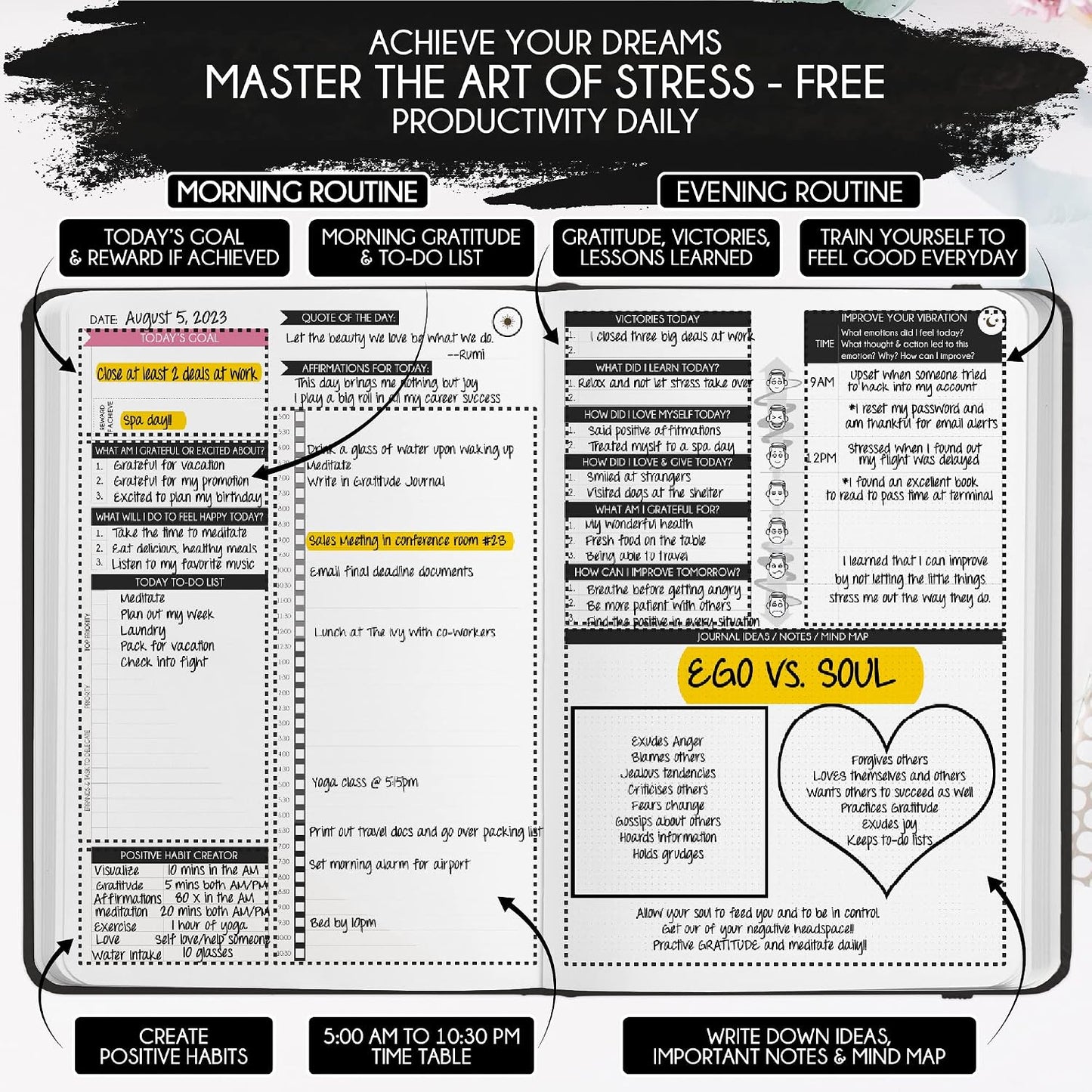 Freedom Mastery Daily Journal of Gratitude, Productivity & Habit Tracker | Undated 90-Day Planner with Daily Reflection, Mindfulness, Positivity, Vision Board & Stickers, Gratitude Journal for Women