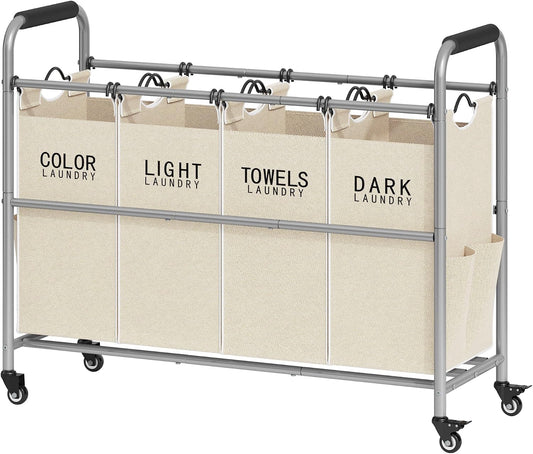 4 Bag Laundry Sorter Cart, Laundry Sorter 4 Sections, 4 Colors | Laundry Hamper Sorter with Heavy Duty Lockable Wheels, Laundry Separator with Removable Bags, Bedroom, Laundry Room, Bathroom