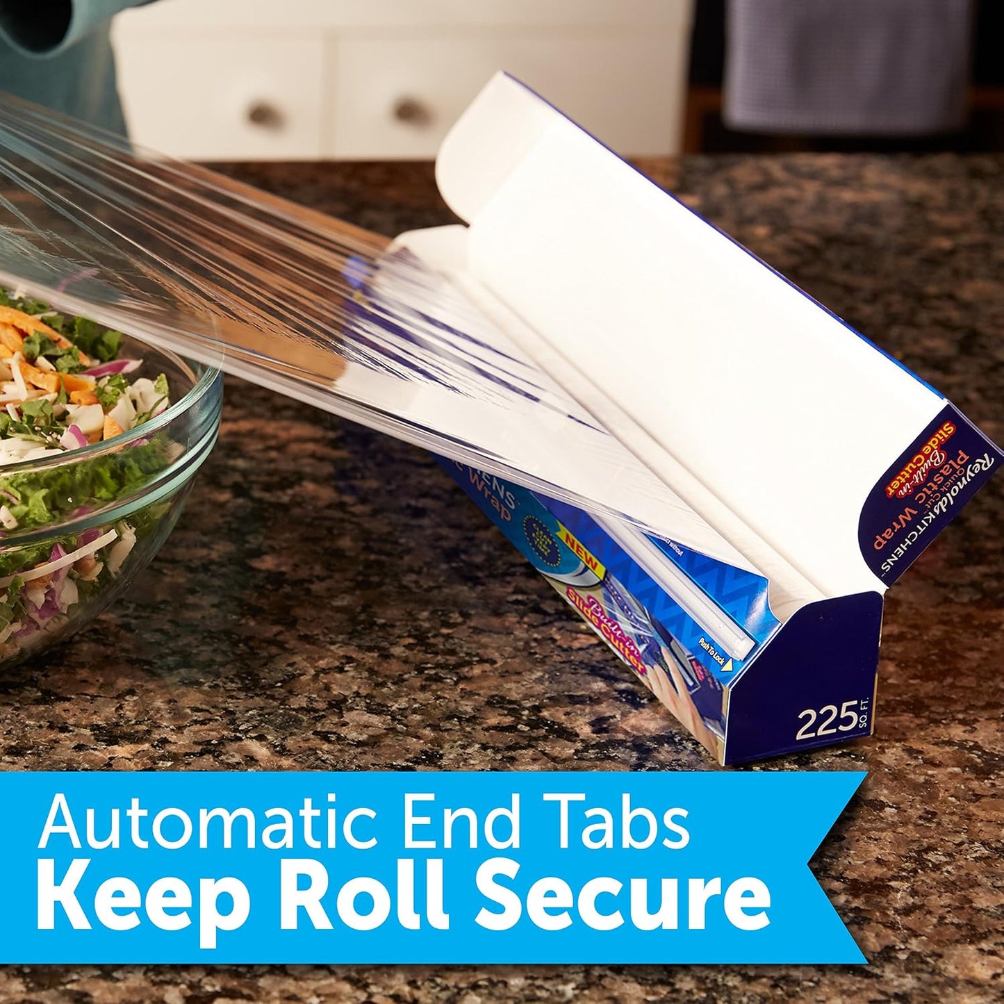 Reynolds Kitchens Clear Plastic Wrap, Built-In Slide Cutter, 225sq ft | Plastic Cling Wrap for Food Storage, Seals in Freshness, Clean Cut Every Time, Ideal For Leftovers, BPA-Free, 12 in x 225 ft