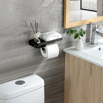 YIGII Toilet Paper Holder with Shelf, Adhesive or Drilling Toilet Paper Roll Holder for Bathroom, Rustproof Tissue Roll Holder Wall Mounted for Wipe Storage (Silver)
