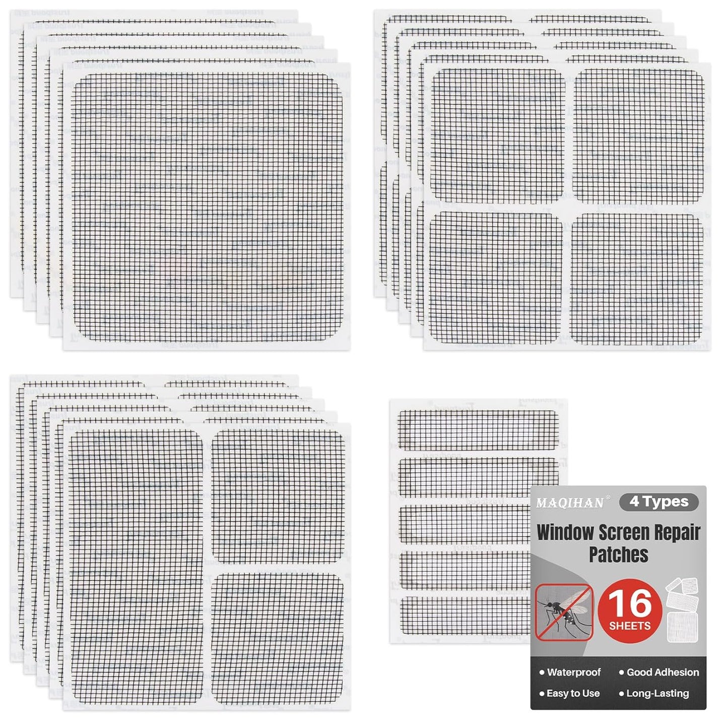 MAQIHAN Window Screen Repair Tape - 16 Sheets Black Screen Door Repair Kit | 4 Sizes Screen Patches Self Adhesive for Mesh Screens Door, Kitchen Sink & Floor Drain, Strong Adhesion Fiberglass Mesh Tape
