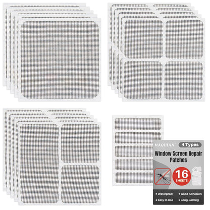 MAQIHAN Window Screen Repair Tape - 16 Sheets Black Screen Door Repair Kit | 4 Sizes Screen Patches Self Adhesive for Mesh Screens Door, Kitchen Sink & Floor Drain, Strong Adhesion Fiberglass Mesh Tape