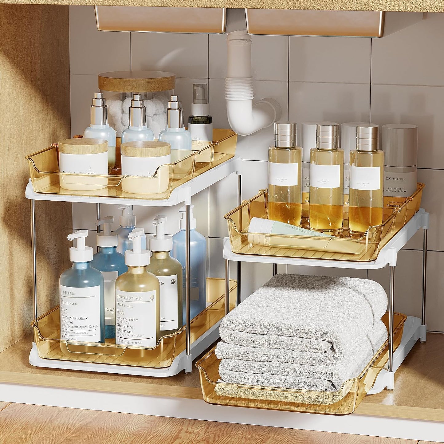 Delamu 2-Tier Multi-Purpose Bathroom Under Sink Organizers and Storage, Stackable Kitchen Pantry Organization, Pull Out Medicine Cabinet Organizer with Movable Dividers, White, 2 Pack