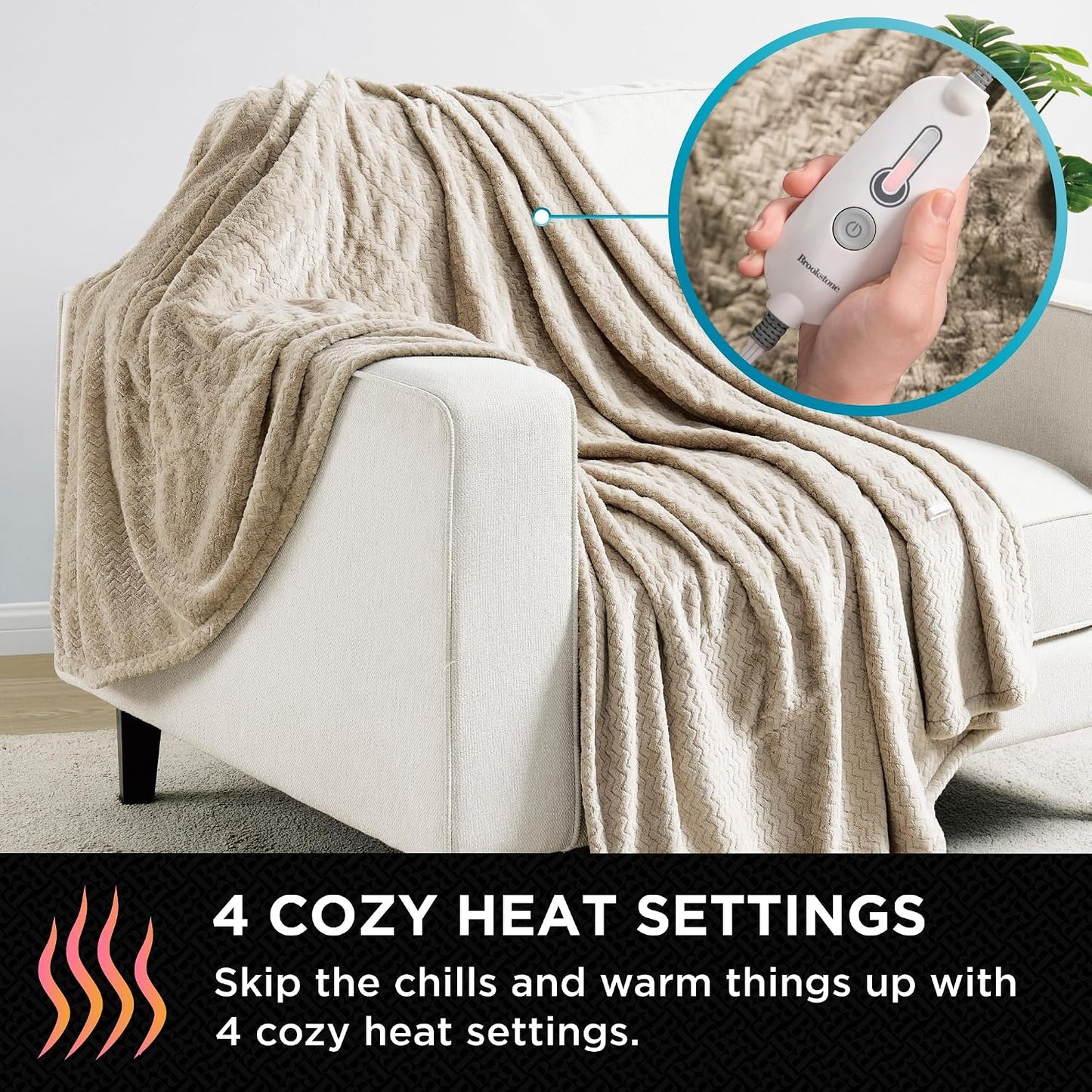 Brookstone Electric Heated Plush Throw - Heated Blankets - 4 Heat Settings, 4-Hour Auto Shut Off, 100% Polyester, 50"x60" - Blue Trellis