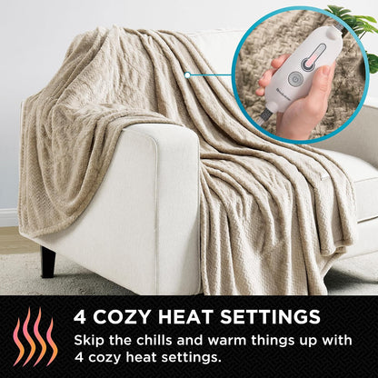 Brookstone Electric Heated Plush Throw - Heated Blankets - 4 Heat Settings, 4-Hour Auto Shut Off, 100% Polyester, 50"x60" - Blue Trellis
