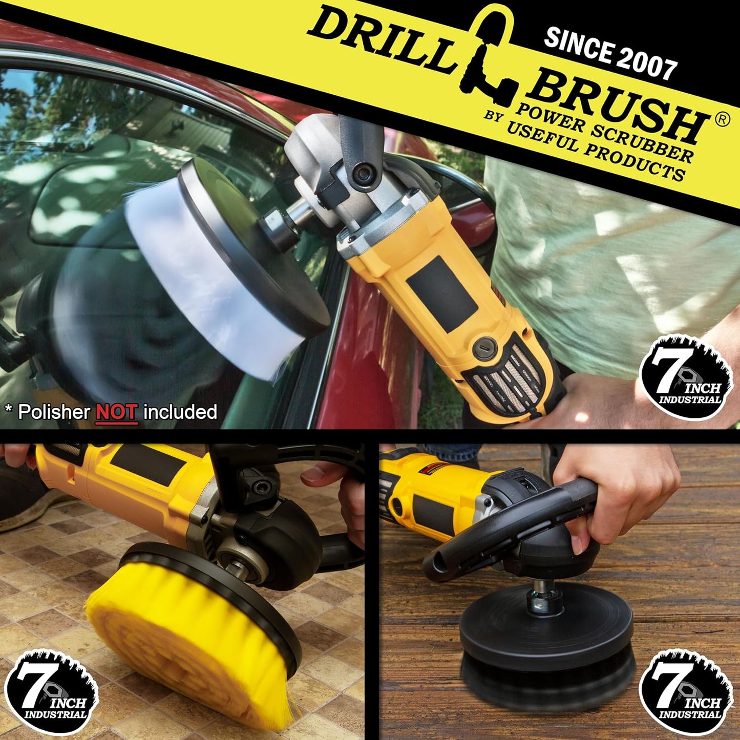 7in Boat Brush Variable Speed Polisher Attachment - Medium Yellow Bristles | Bathroom Accessories - Cleaning Supplies - Deck Scrub Brush - 5/8 x 11 Threaded Hub - Tile - Shower Cleaner - Flooring
