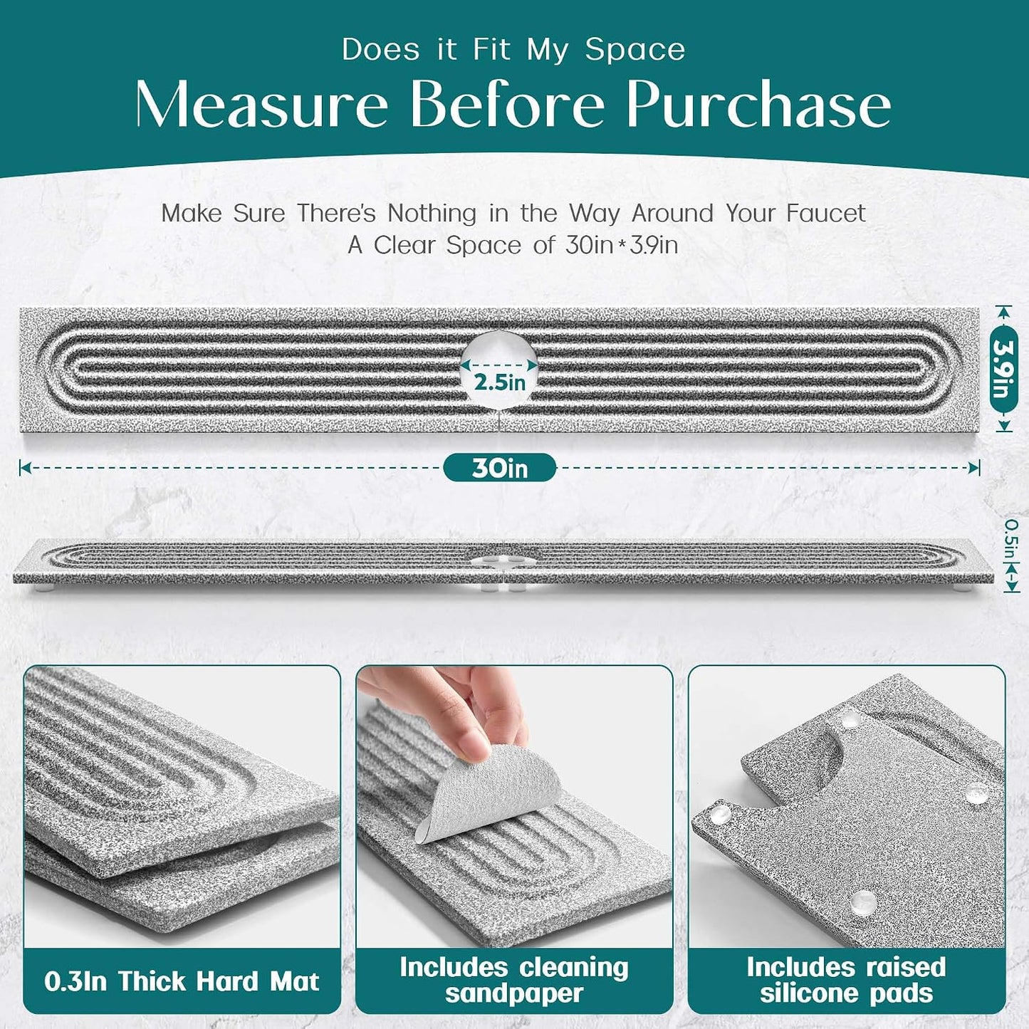 Stone Faucet Mat for Kitchen Sink – Diatomite Drying Stone Mat & Sink Protector, Prevents Moisture – Sink Splash Guard Water-Absorbing Stone Tray for Bathroom Counter (Light Grey, 20" x 3.9")