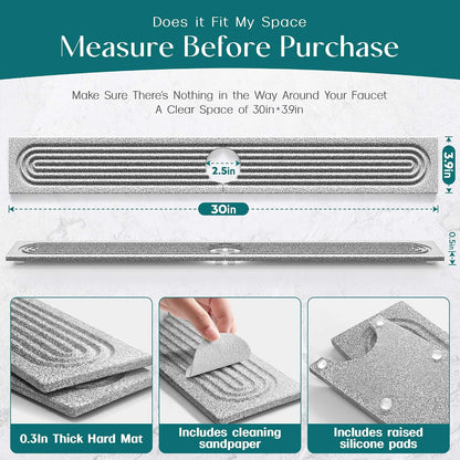Stone Faucet Mat for Kitchen Sink – Diatomite Drying Stone Mat & Sink Protector, Prevents Moisture – Sink Splash Guard Water-Absorbing Stone Tray for Bathroom Counter (Light Grey, 20" x 3.9")
