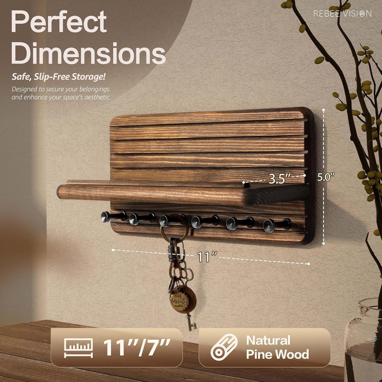 Rebee Vision Pine Wood Key Holder Wall Mount with Shelf for Entryway, Brown | 6 Key Hooks, Round Corner, Smooth&Hand-Friendly, Clear Wood Texture, Space-Saving Design, Organize Mail & Letter