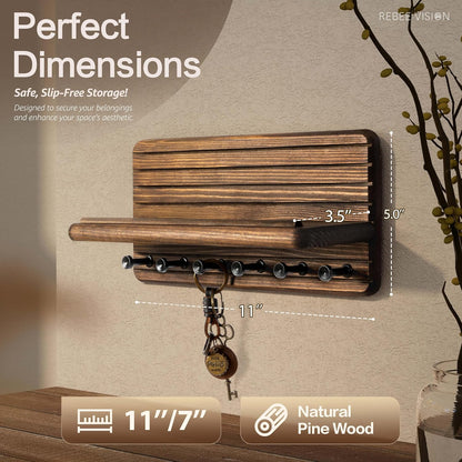 Rebee Vision Pine Wood Key Holder Wall Mount with Shelf for Entryway, Brown | 6 Key Hooks, Round Corner, Smooth&Hand-Friendly, Clear Wood Texture, Space-Saving Design, Organize Mail & Letter
