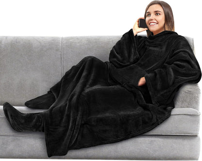 PAVILIA Fleece Blanket with Sleeves and Foot Pockets Women Men, Dark Purple