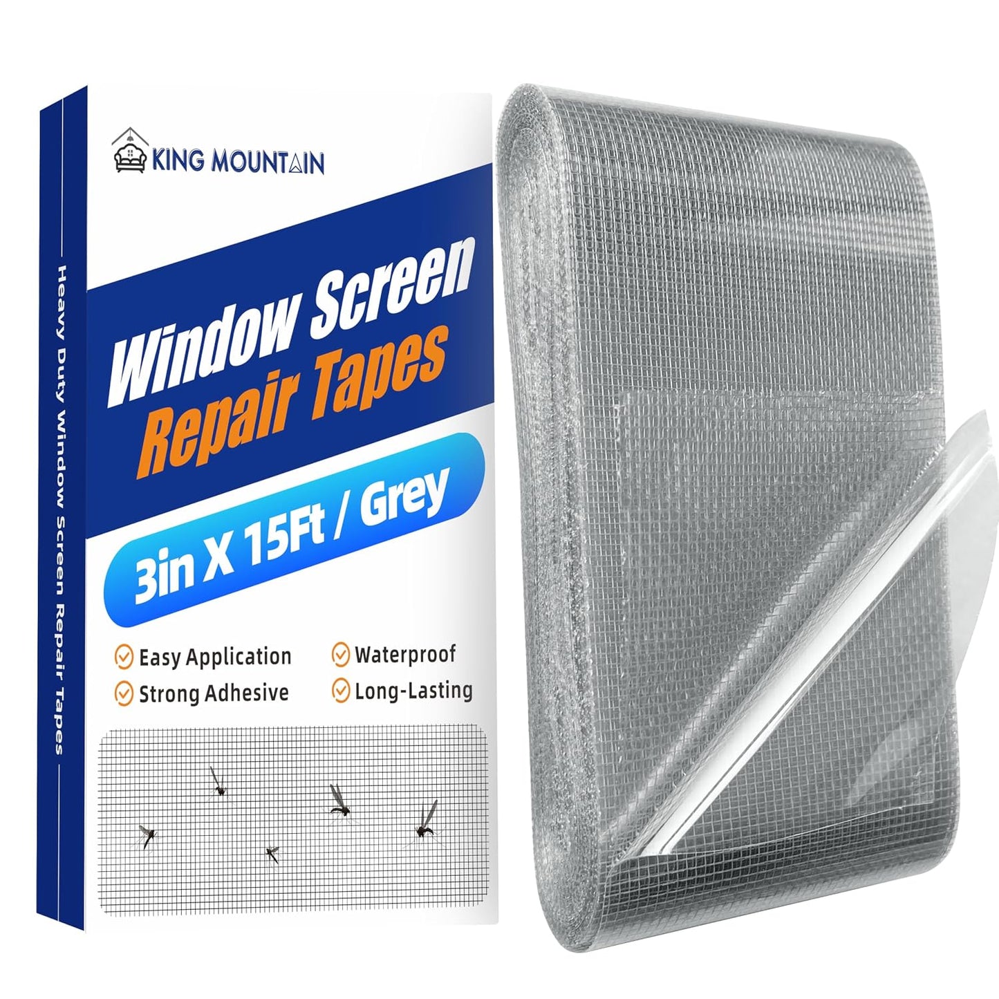 KING MOUNTAIN Grey Window Screen Repair Tape,3inX20FT Heavy Duty Screen Repair Kit for Window Screen and Screen Door Tears Holes,Strong Adhesive & Waterproof Window Screen Patch