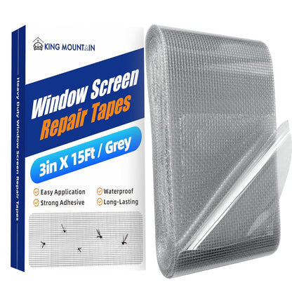 KING MOUNTAIN Grey Window Screen Repair Tape,3inX20FT Heavy Duty Screen Repair Kit for Window Screen and Screen Door Tears Holes,Strong Adhesive & Waterproof Window Screen Patch