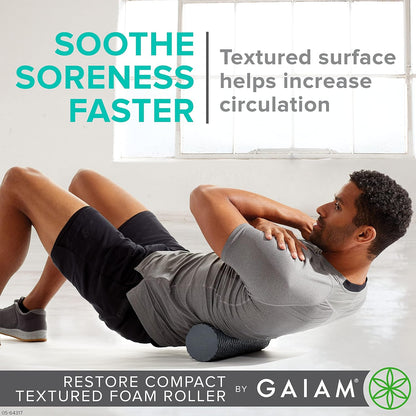 Gaiam Restore Compact Textured Foam Roller, 12", Muscle Recovery | 12"L x 4" Diameter | Textured Surface | Deep Tissue Massage | Travel-Friendly | Muscle Recovery