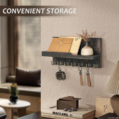 Rebee Vision Key Holder Wall Mount with 5 Key Hooks for Home Decor, Brown | 3.54'' x 10'' x 7.28'', Small Shelf for Display Plant, Key Hangers for Hat, Entryway Space-Saving Storage