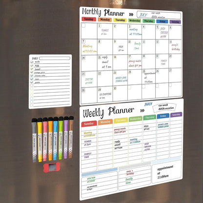 Hivillexun Magnetic Dry Erase Calendar Whiteboard Set (4-Pack) for Home and Kitchen, with Monthly and Weekly Views (16.5” x 11.8”), Magnetic Whiteboard and Daily Planners (12” x 8”) 8 Markers & Eraser